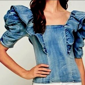 Denim Puff Shoulder Top With Corset